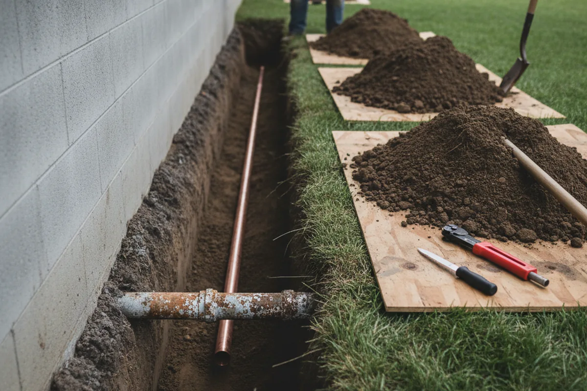Excavated water line trench during Water Softener Installation in San Mateo